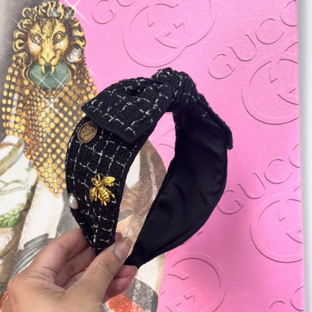 Black Tweed Headband with Gold Accents